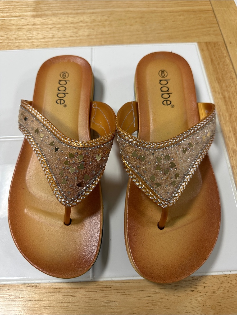 Babe Metallic Bronze Embellished Thong Sandals